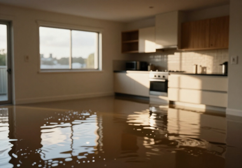 Flooded office space in St Leonards before restoration
